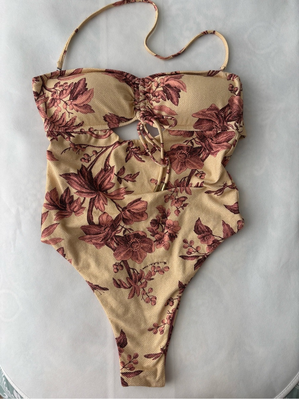 MISS BIKINI Floral Tie-Front One Piece Swimsuit in Gold and Burgundy